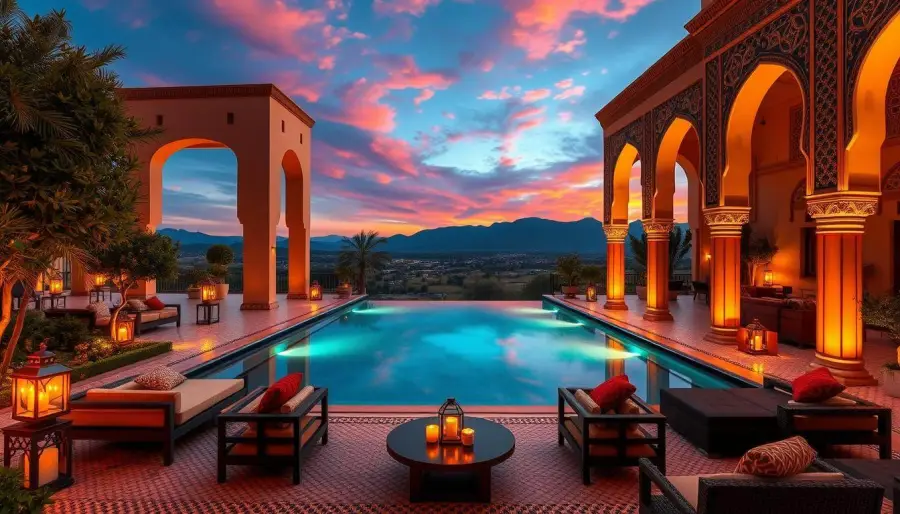 Riad swimming pool and lanterns at dusk